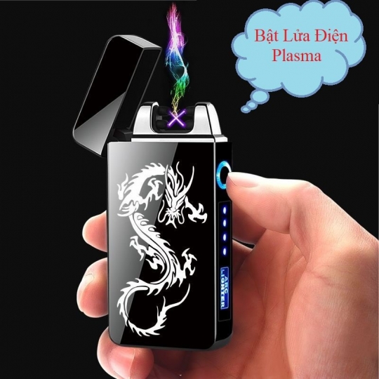 Bật lửa hột quẹt sạc điện in hình rồng nổi tia lửa plasma 2 tia chéo