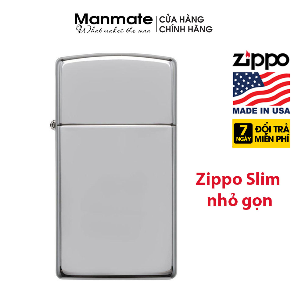 Zippo mỹ Slim High Polished Chrome (made USA) tem đỏ, chính hãng mỹ  - Manmate (không bao gồm xăng)