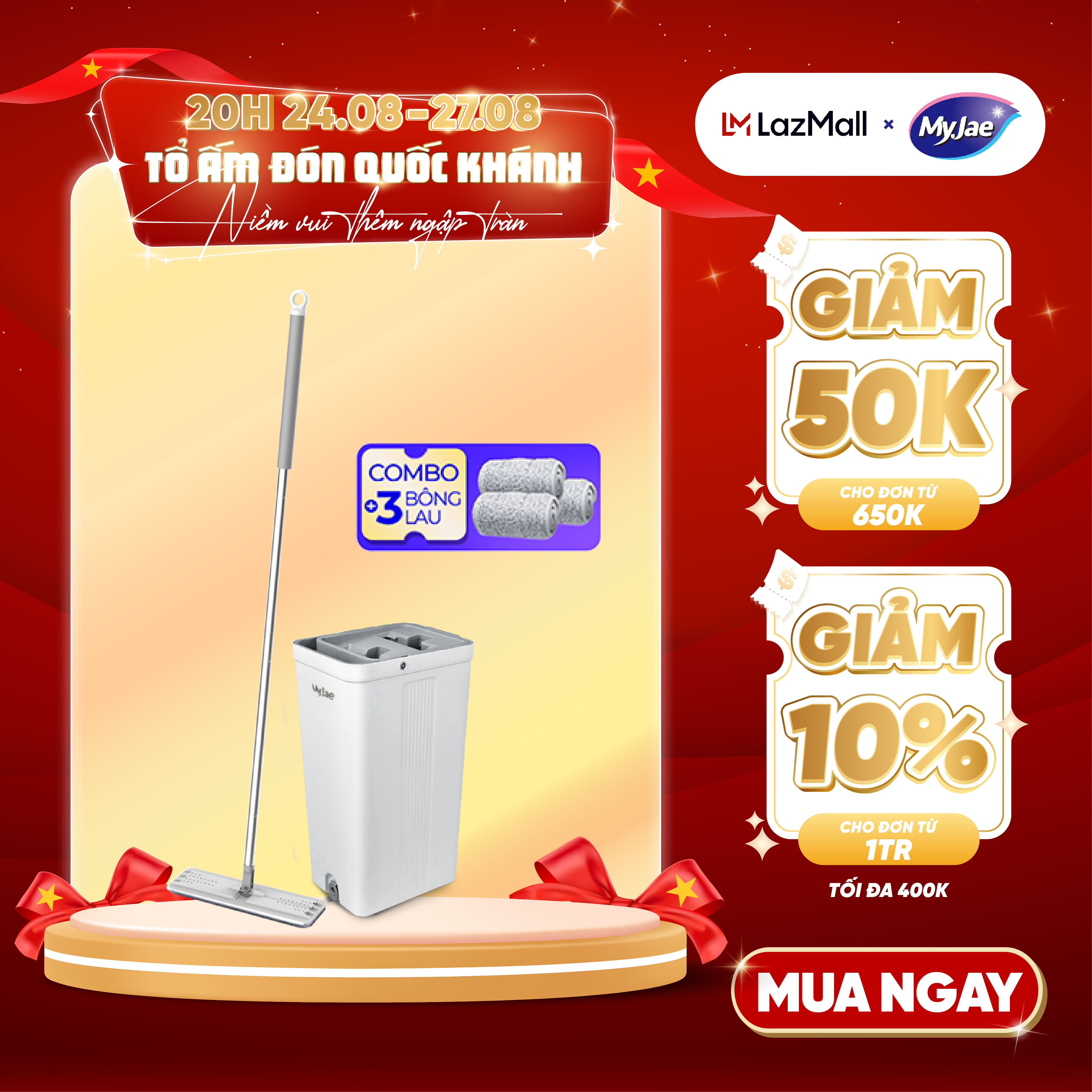 Combo 3 bông lau + 1 cây lau nhà tự vắt kèm thùng 2 ngăn xoay 360 độ thông minh lau sạch nhanh khô MyJae Đài Loan