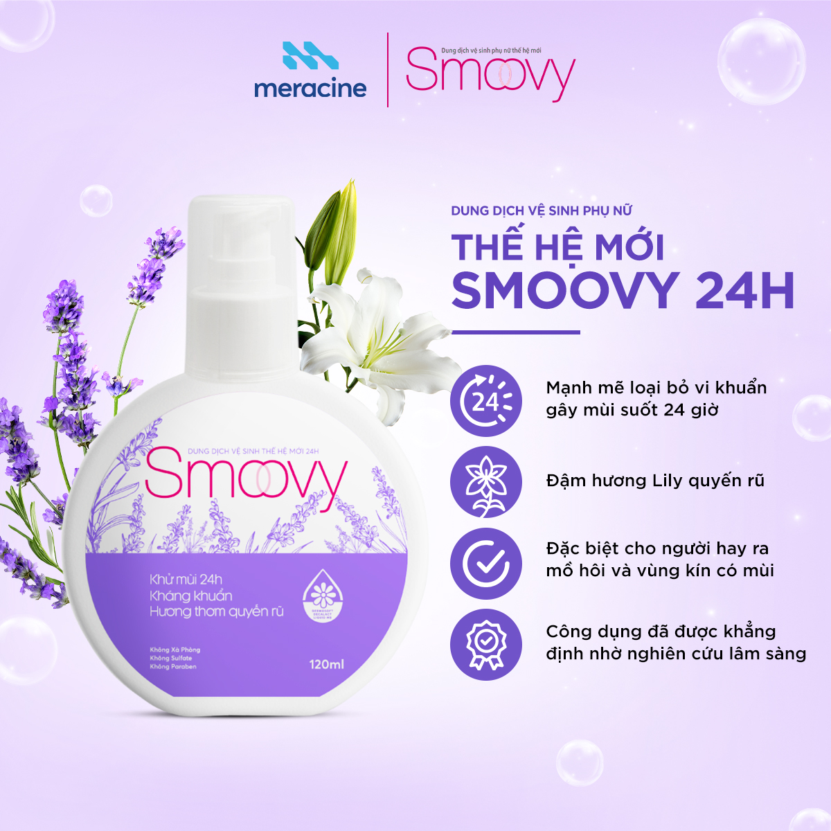 Dung dịch vệ sinh phụ nữ thế hệ mới Smoovy 24H - Khử mùi kháng khuẩn, hương thơm quyến rũ suốt 24H - 120ML