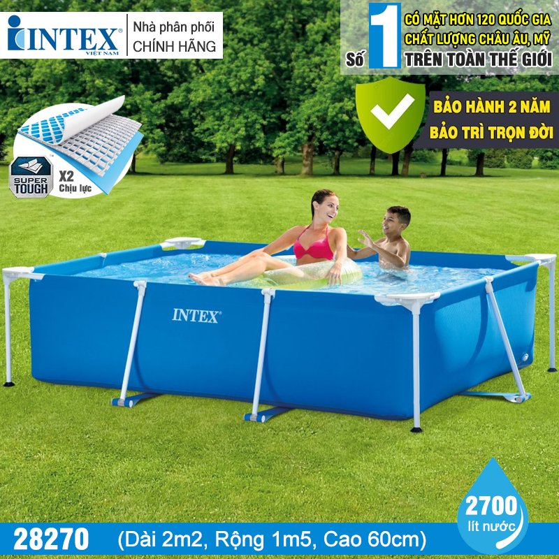 Bể bơi khung kim loại chữ nhật INTEX màu xanh 28270 220x150x60cm, Hồ bơi lắp dựng, Bể bơi gia đình, bể bơi cho bé, bể bơi người lớn