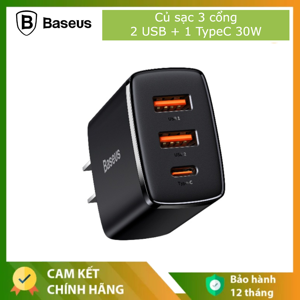 Củ sạc nhanh iphone - cốc sạc đa năng 3 cổng - 2 cổng usb + 1 cổng type c - 30w baseus - hỗ trợ sạc nhanh - bảo hành 12 tháng