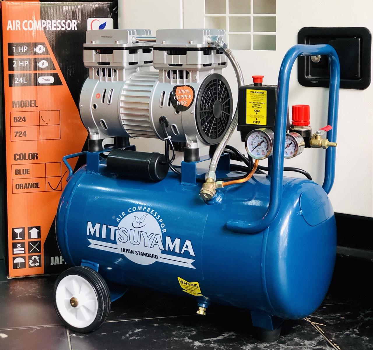 [HCM]MÁY NÉN KHÍ KHÔNG DẦU 24 LÍT MITSUYAMA CÔNG SUẤT 2HP (GIẢM ÂM - 100% LÕI ĐỒNG)