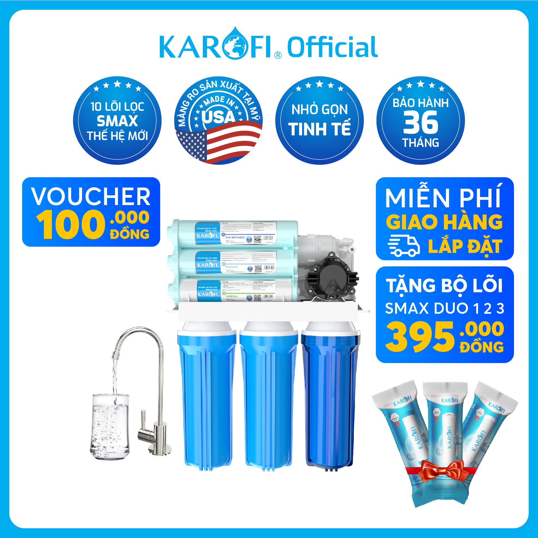 Máy lọc nước để gầm karofi kt-ero100v - 10 lõi lọc, màng ro mỹ