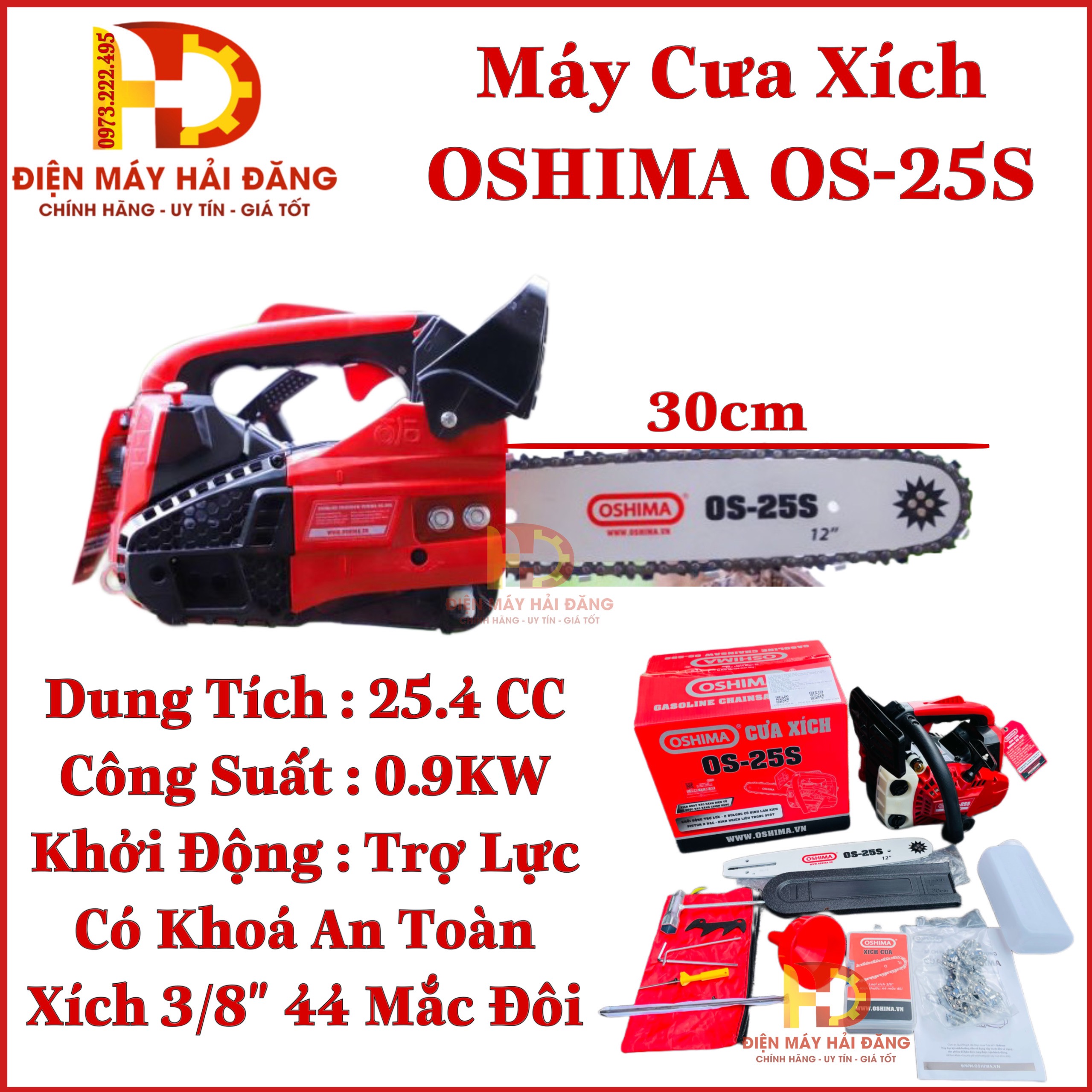 Cưa xích 2 thì mini oshima os-25s lam dài 30cm.xích 3/8" 44 mắc đôi. bh 6t