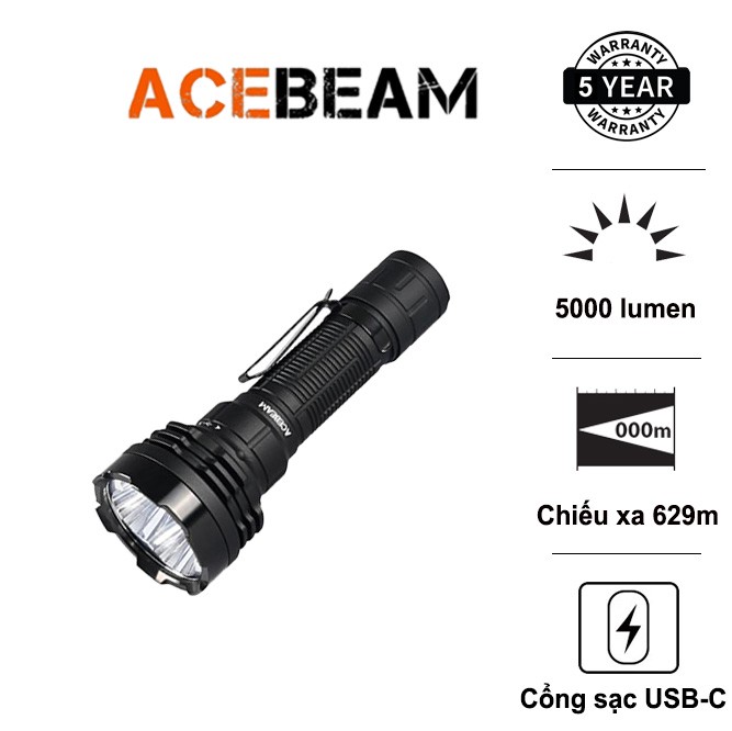 Đèn pin ACEBEAM P18 Defender sáng 5000lumen chiếu xa 629m pin 21700 sạc USB C công tắc kép phản ứng nhanh