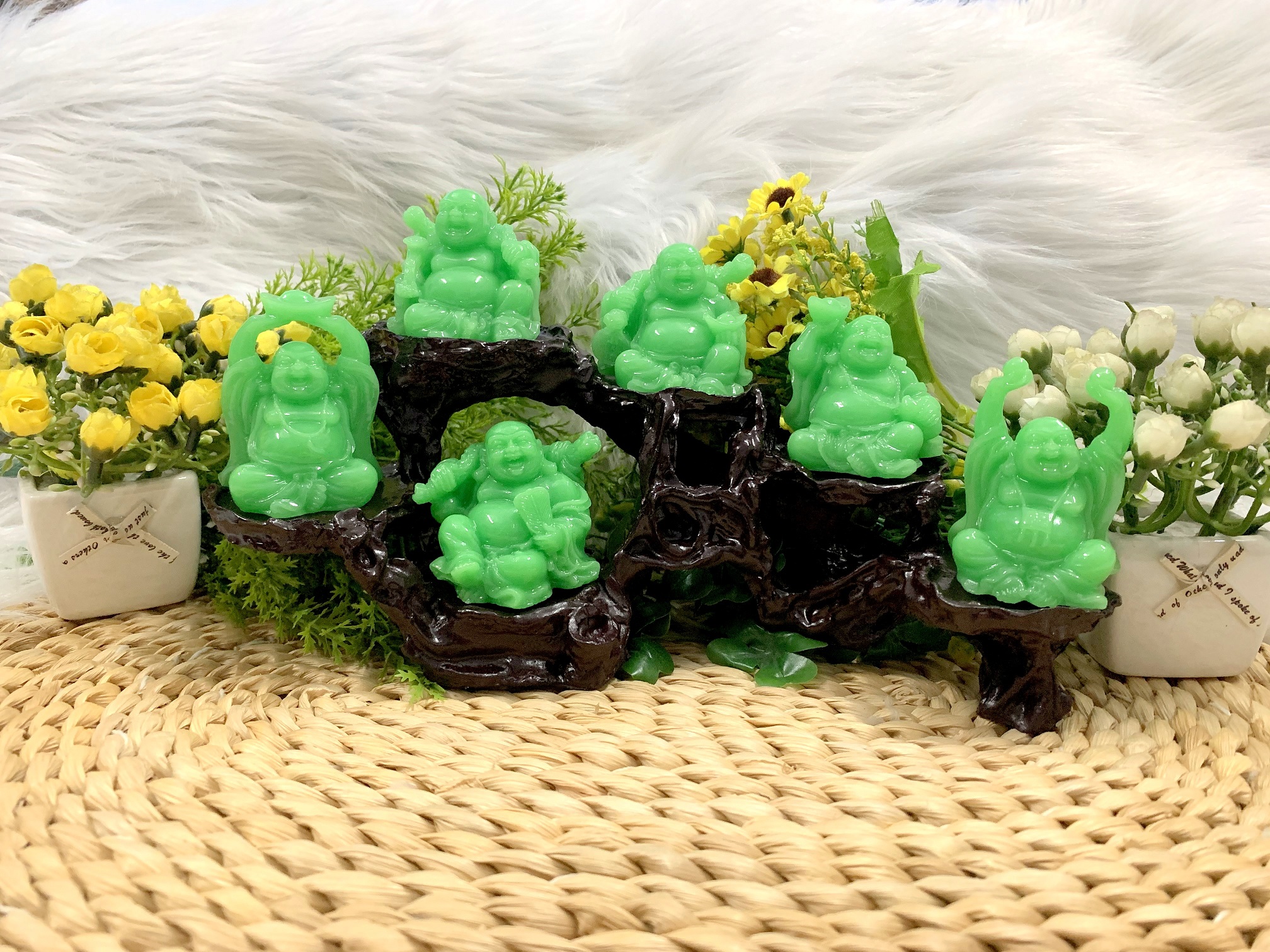 [HCM]Bộ 6 Tượng Bồ Tát Di Lặc Hoan Hỉ Xanh Cẩm Thạch kèm đế tượng 6 chân( Loại Lớn )