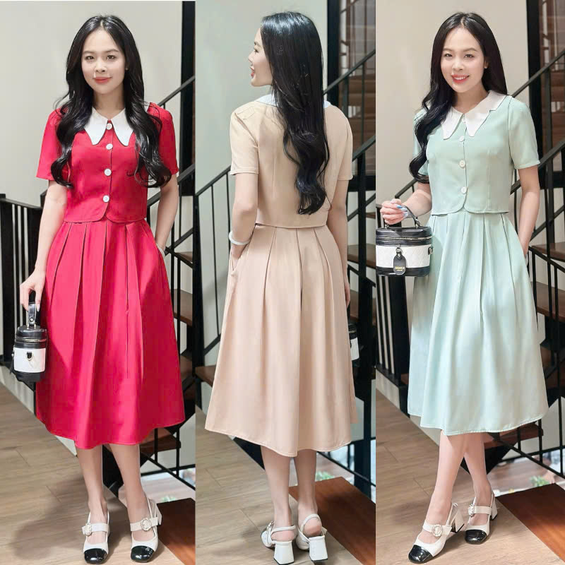 Set bộ áo phối cổ trắng nút rời, chân váy xếp ly có dây kéo hông, có túi Misa - MS0330 (Hình thật shop chụp)