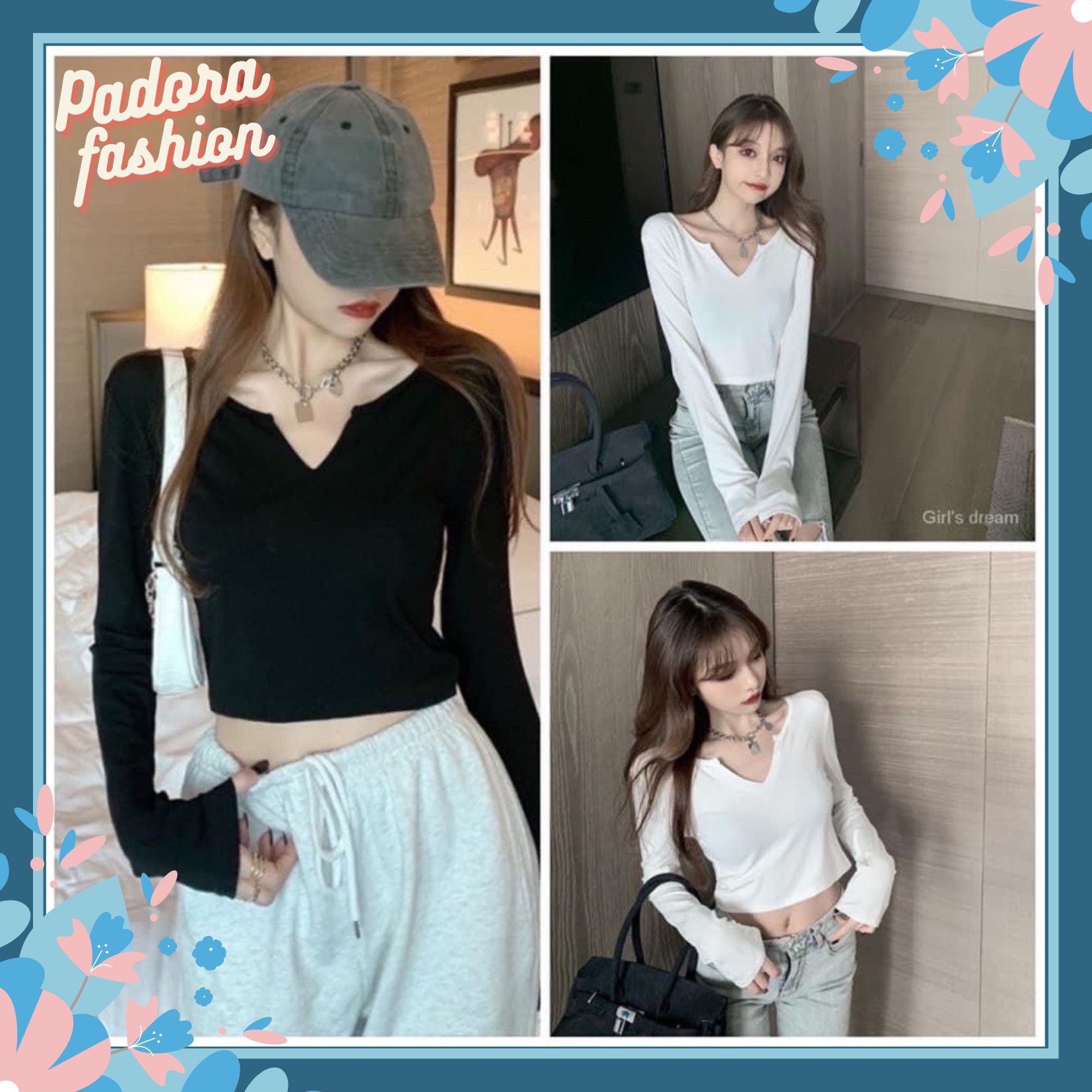Áo croptop tay dài áo thun nữ cổ V chất len tăm co giãn Padora-A114