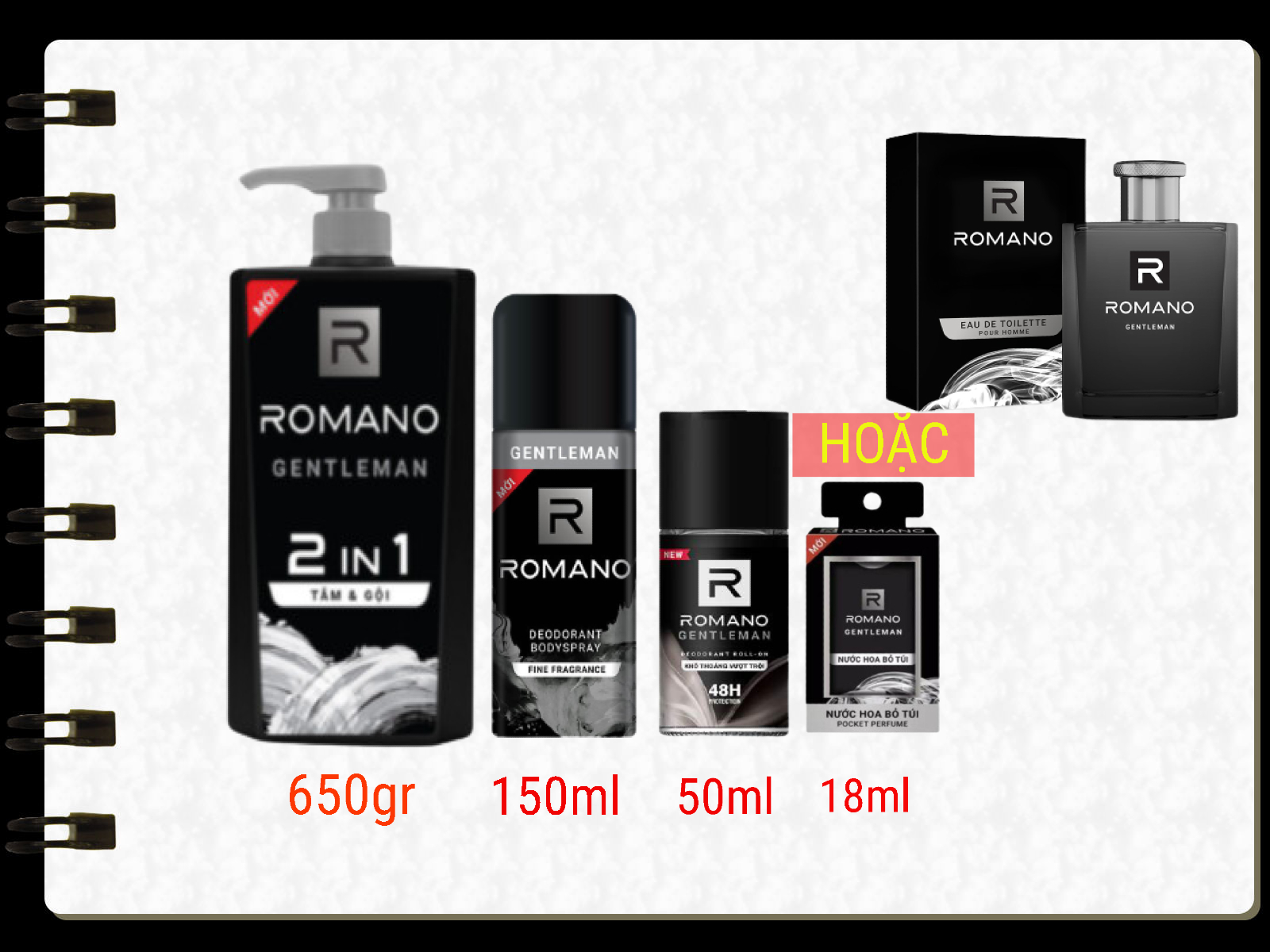 Combo romano gentleman [tắm gội 2n1 650gr/xịt 150ml/lăn 50ml/nước hoa 18ml hoặc 50ml]