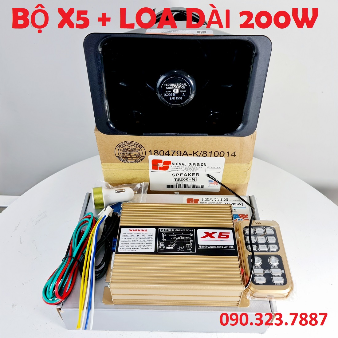 Bộ loa Còi hú X5 200w: Còi báọ động nhiều tiếng, xe cảnh sát, cứu thương, ưu tiên có mic thông báo + Điều khiển từ xa.