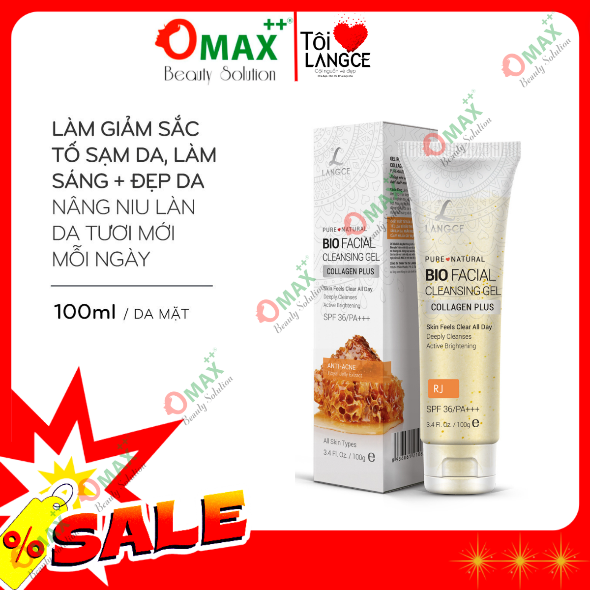 Gel rửa mặt sinh học collagen+ sữa ong chúa 100ml langce