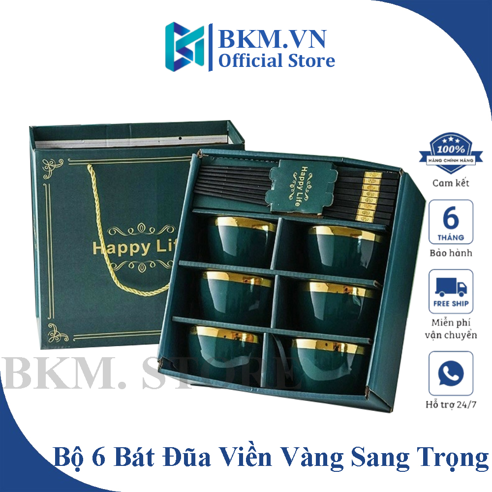 Bộ 6 Bát Ăn Cơm, Chén Ăn Cơm Sứ Viền Vàng Hình Trụ Decor Theo Phong Cách Hàn Quốc - Tặng Kèm 6 Đôi Đũa, Quà Tặng Đẹp Ý Nghĩa