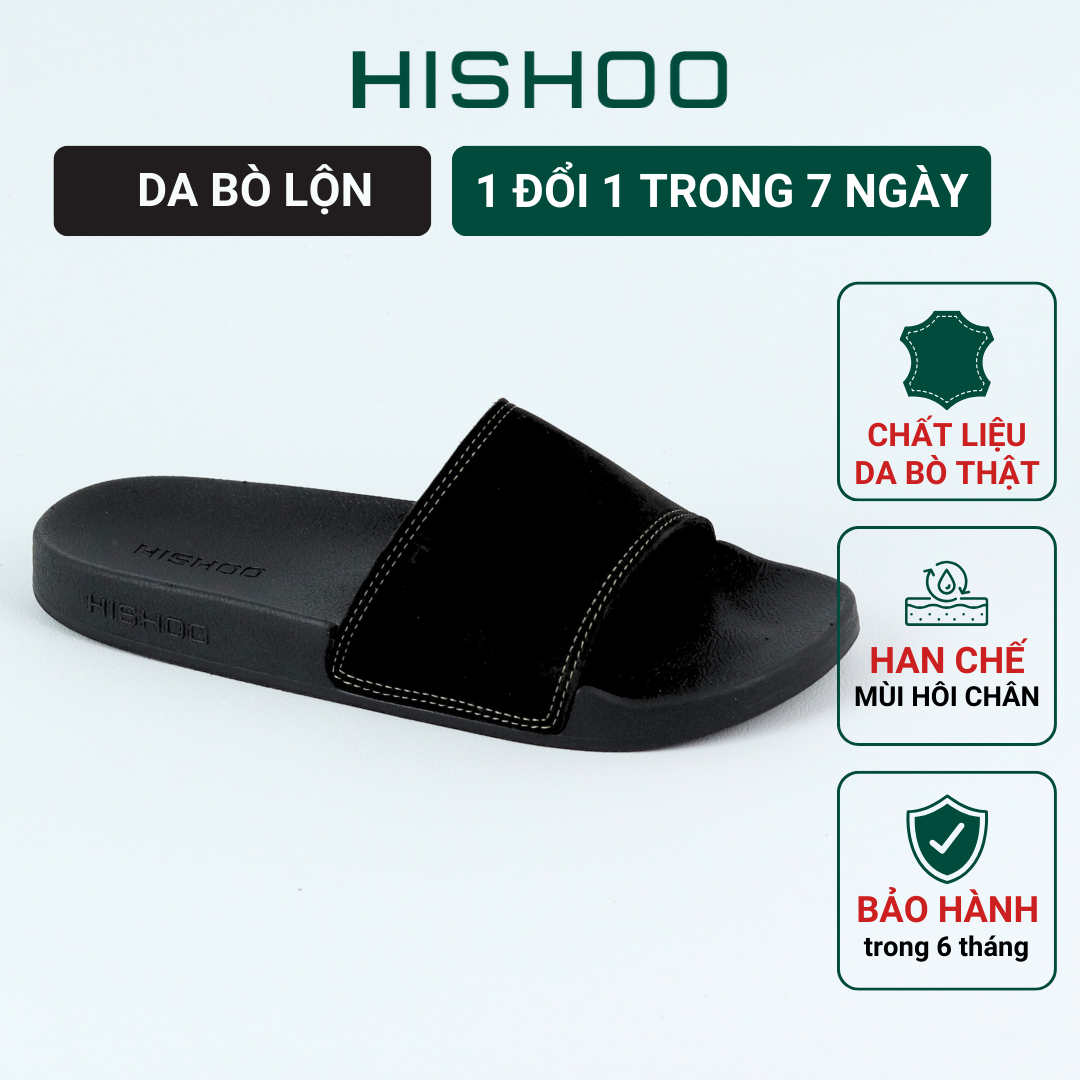 Dép quai ngang slipper Đen da lộn nam, nữ  HISHOO siêu nhẹ da bò thật thời trang size 36-45 U114