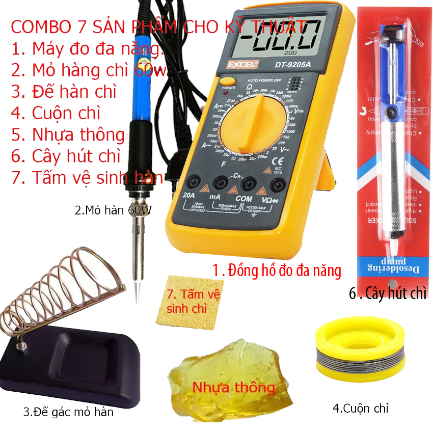 Đồng hồ đo Excel DT-9205A và mỏ hàn 936 kèm 5 món phụ kiện hàn no.936