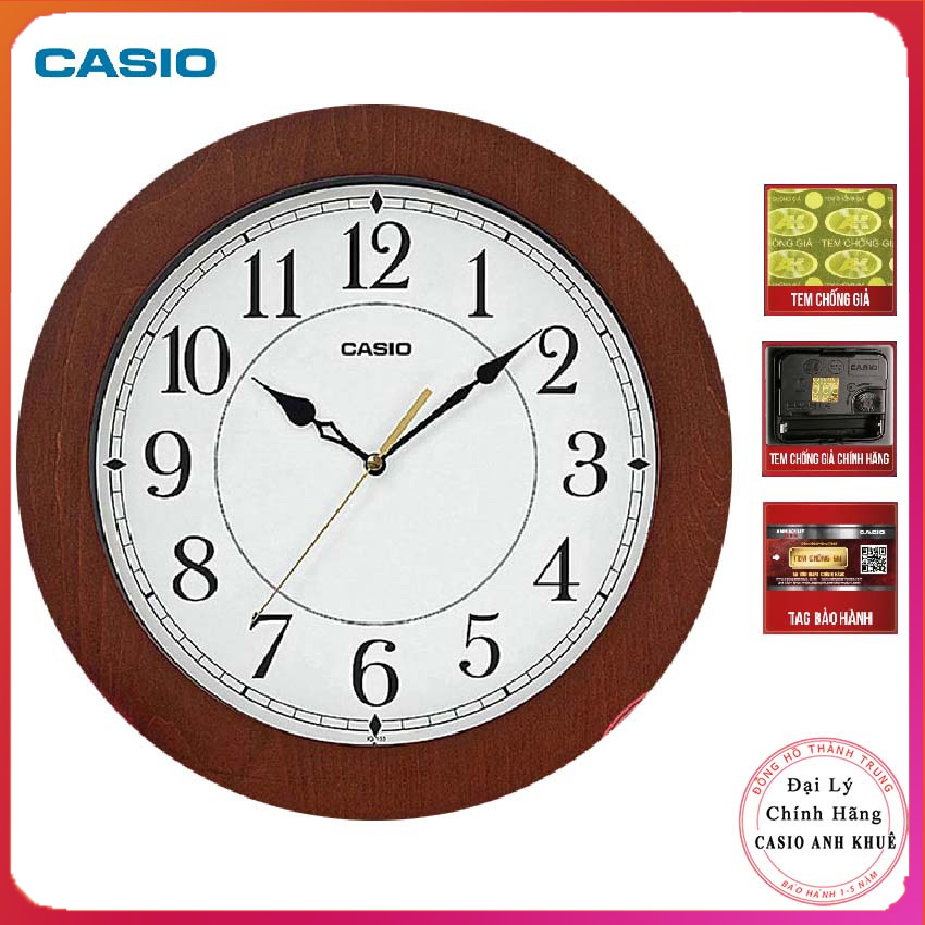 [ FREESHIP MAX ] Toki - Đồng hồ treo tường Casio IQ-133-5DF vỏ gỗ,  kim trôi im lặng