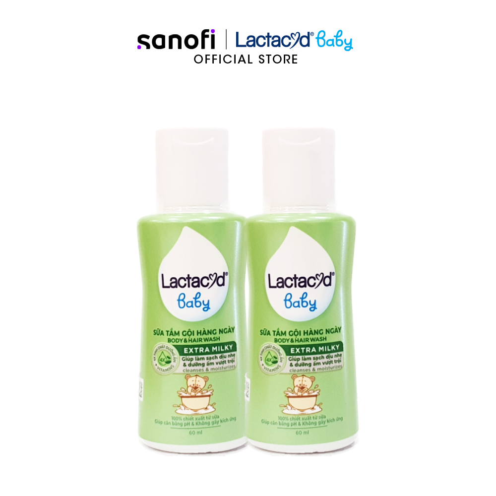 Bộ 2 sữa tắm gội trẻ em lactacyd baby extra milky 60ml/chai