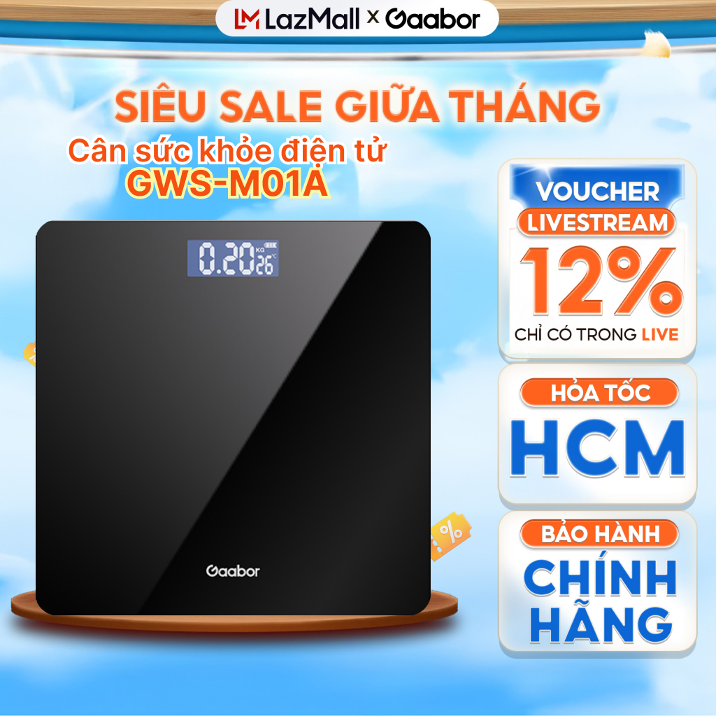 Cân sức khỏe điện tử Gaabor GWS-M01A - Kính cường lực, màn hình LED, sạc USB, màu đen bóng