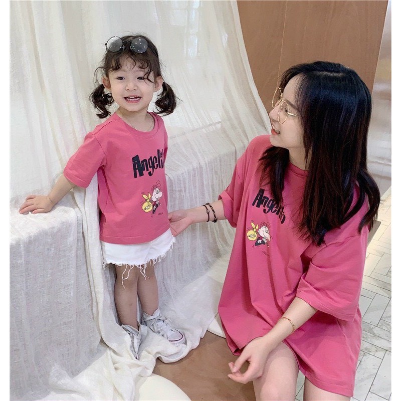 AN286-ÁO PHÔNG ĐÔI MẸ CON HỒNG CHỮ ANGEL