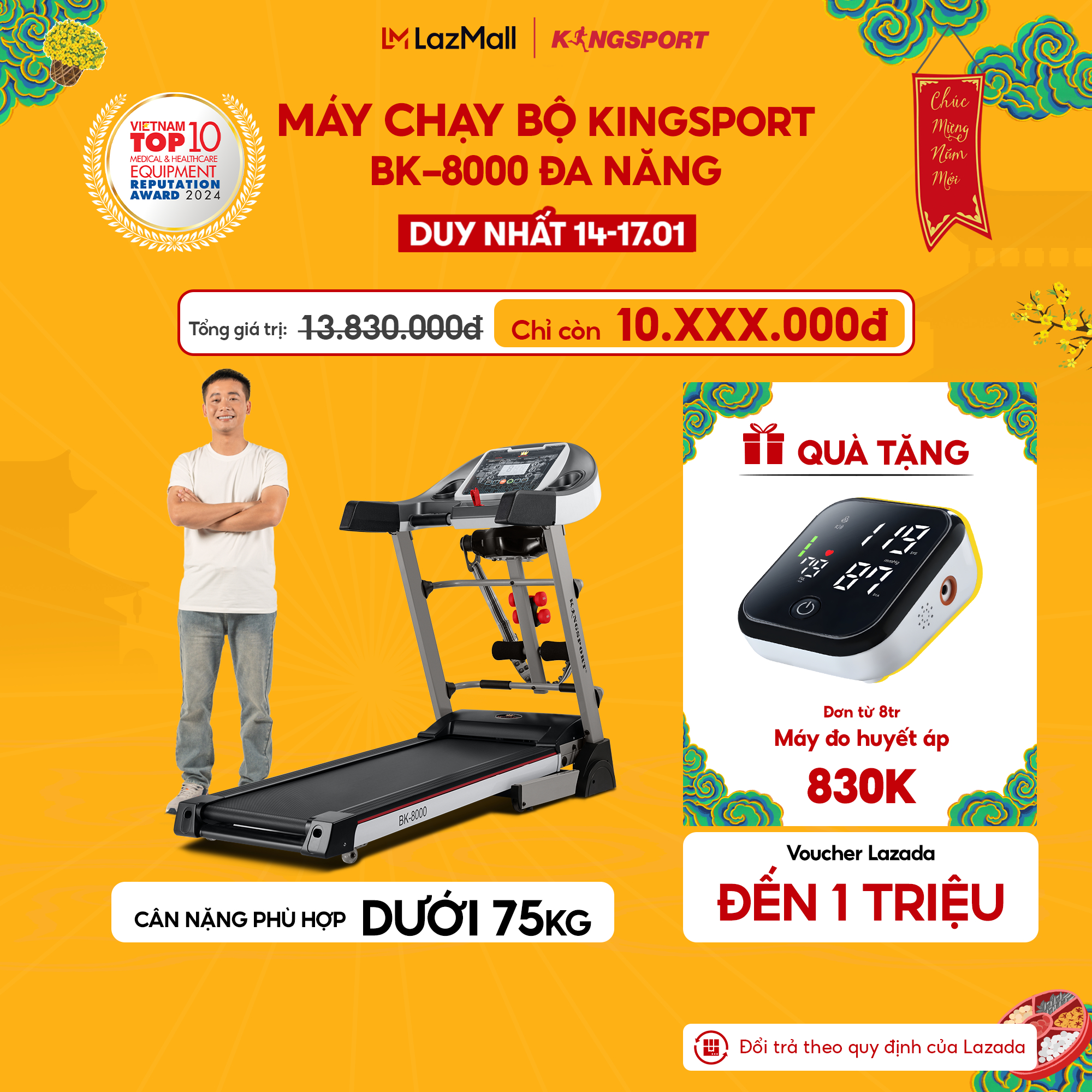 CHỈ GIAO MIỀN NAM|  Máy chạy bộ KINGSPORT BK-8000 đa năng, thảm chạy rộng chống trơn, kèm đai massage và thanh gập bụng