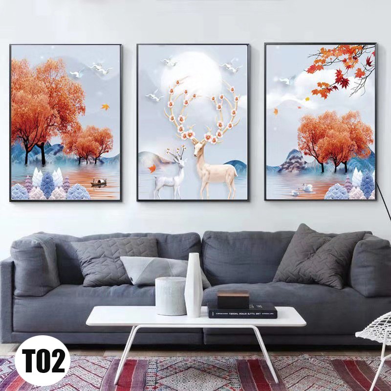 Bộ 3 bức tranh treo tường hươu mùa thu