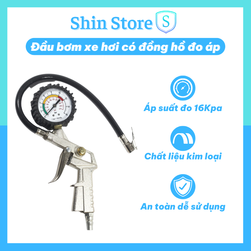 Đầu bơm xe hơi-xe máy có đồng hồ đo áp -shinstore