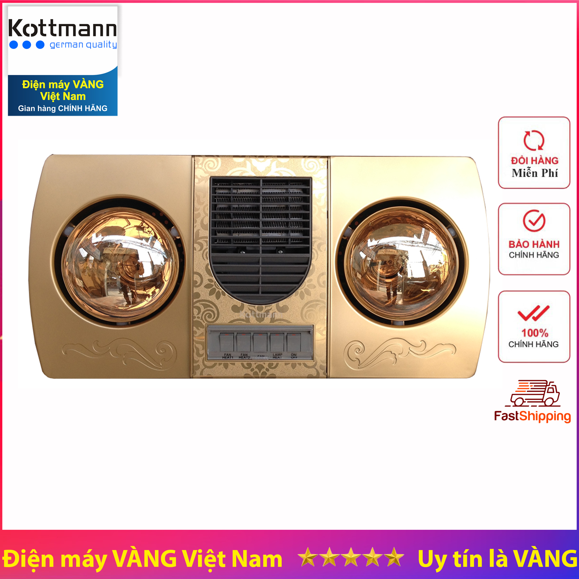 Đèn sưởi nhà tắm 2 bóng kèm gió thổi nóng kottmann k2bhwg k2-bhw-g