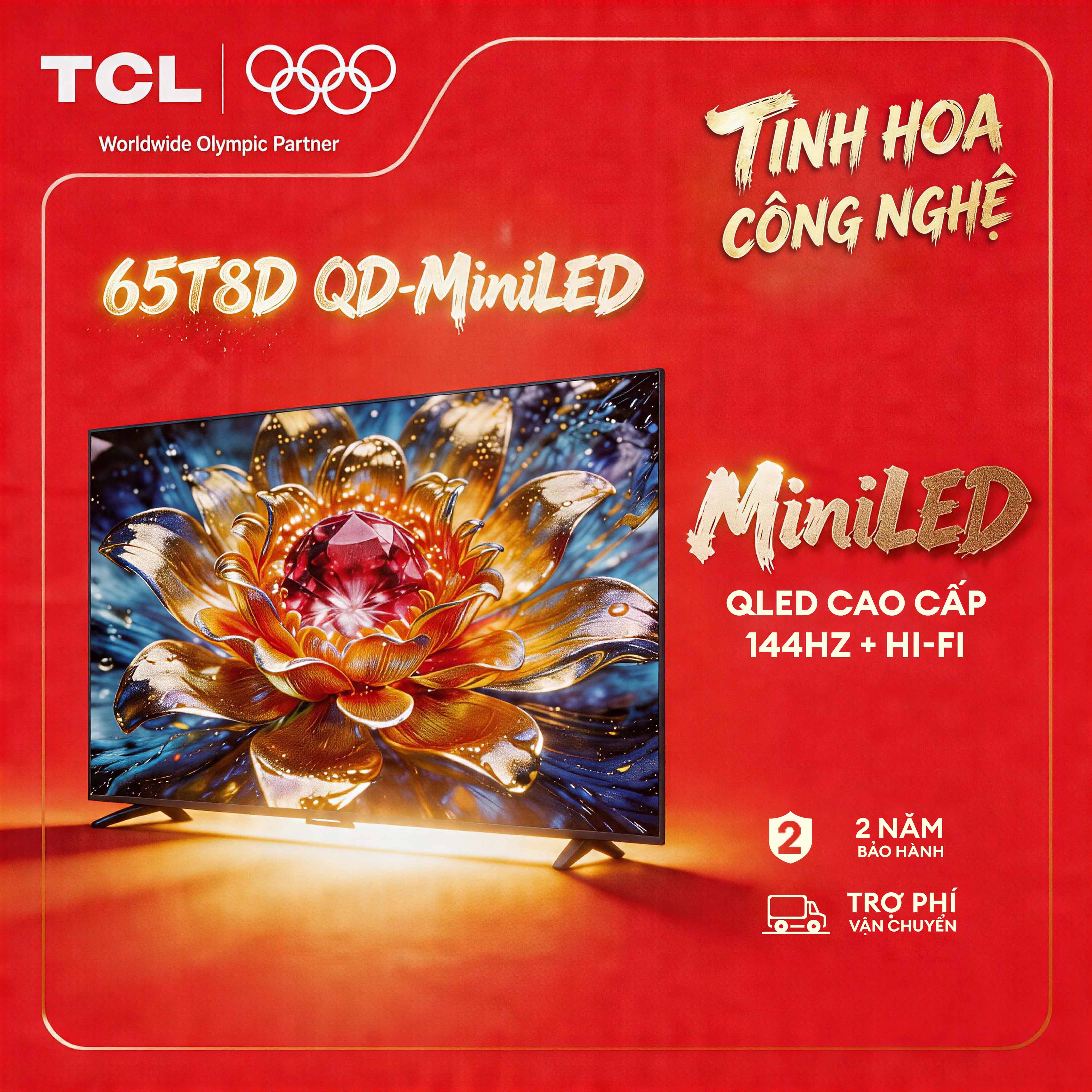 【QD-Mini LED】65inch - TV QLED Cao Cấp - 4K Smart Google TV TCL 65T8D - HDR10+ - Tần số quét 144Hz - LOA ONKYO 2.1 HI FI- MỚI 2026 - Bảo Hành 2 Năm - Hàng Chính Hãng