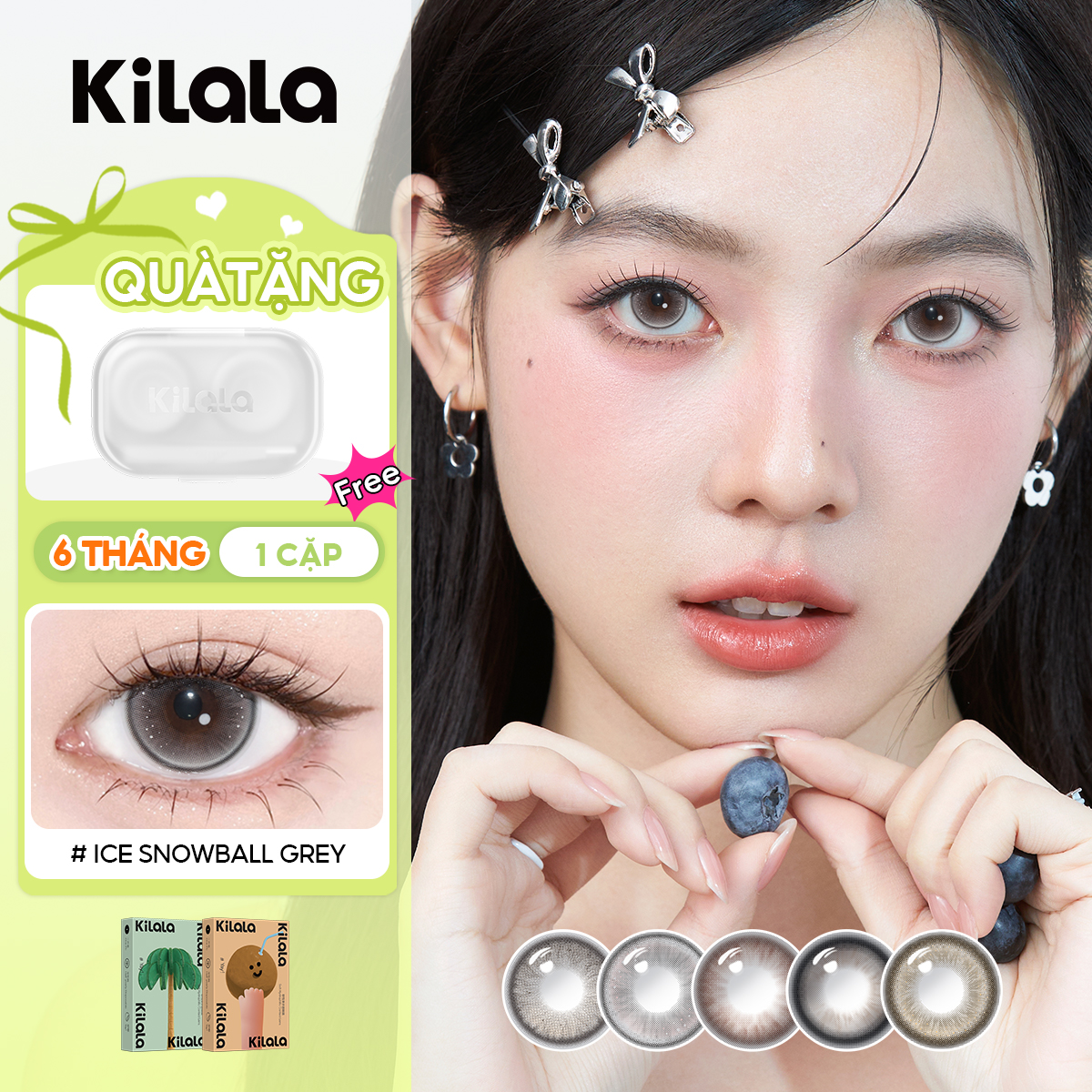 Kilala Kính áp tròng màu xám tự nhiên 6 tháng Ice Snowball Grey/Coconut Sell Brown/Yay Radiowave Black DIA 14.2mm lens cận xám có độ (0-8) 1 cặp