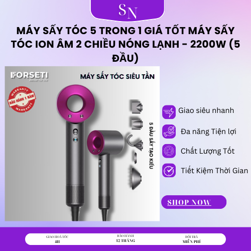 Máy Sấy Tóc Ion Âm BH 1 năm không cánh quạt 2 chiều nóng lạnh kèm 5 đầu sấy tạo kiểu TẶNG QUÀ Máy sấy tóc cao cấp dạng búa – 5 đầu sấy Máy Sấy Tóc 5 Trong 1 Giá Tốt Máy Sấy Tóc Ion Âm 2 Chiều Nóng Lạnh - 2200W (5 đầu)