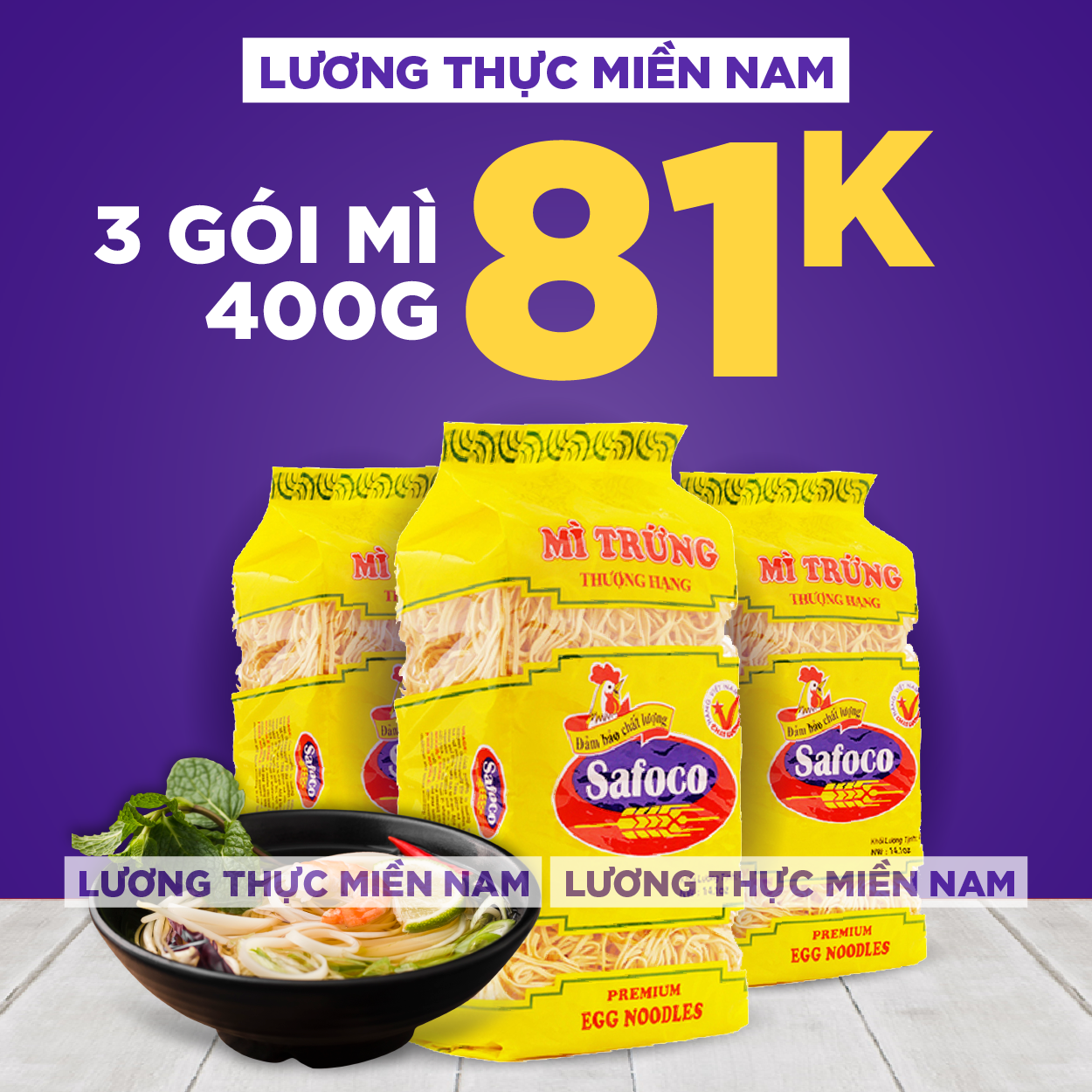[Siêu Rẻ] 3 Gói Mì trứng thượng hạng Safoco gói 400g