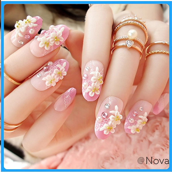 Hộp 24 Móng tay giả , nail giả , móng giả A123, móng nhọn (Tặng keo dán móng tay )