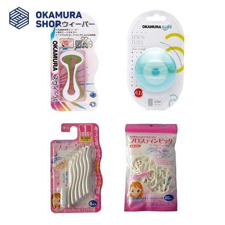 [HCM]Trọn bộ chăm sóc răng miệng Okamura gồm: 1 dụng cụ cạo lưỡi + 1 cuộn chỉ nha khoa 40m + 1 bàn chải kẽ răng dạng L + 1 tăm chỉ kẽ răng 80P