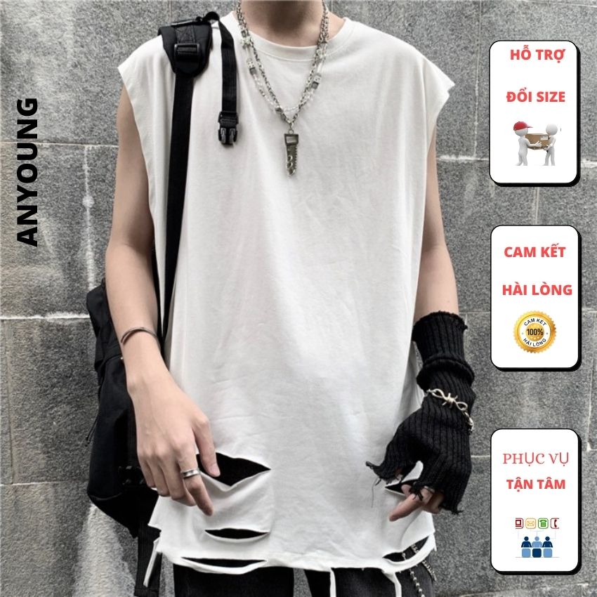 Áo ba lỗ nam ANYOUNG Áo thun nam 3 lỗ TankTop rách gấu form rộng co giãn mùa hè