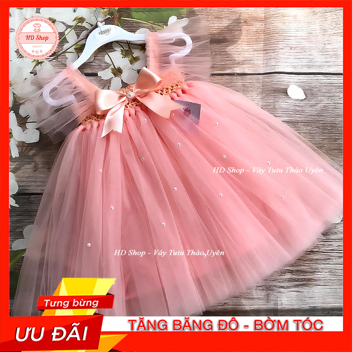 Đầm Bé Gái / Váy Bé Gái / Váy Cánh Tiên Cho Bé Hồng Cam Nơ Đính Đá