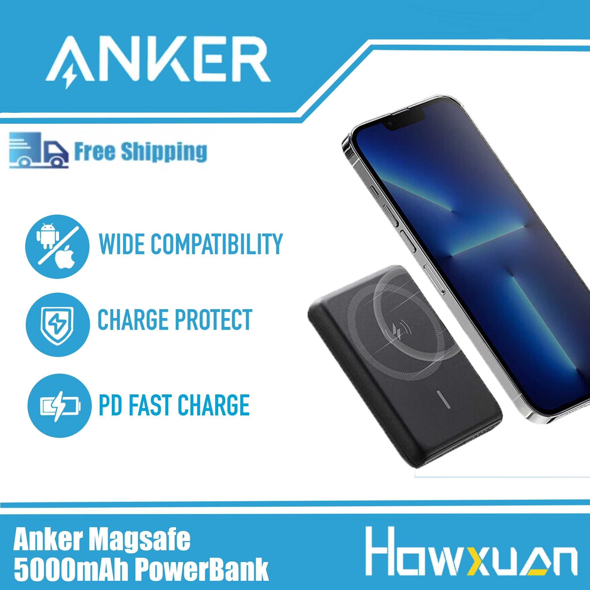 ANKER sạc dự phòng 5000mAh sạc không dây Apple Magsafe kèm cáp USB-C cho Apple iphone14/13/12pro