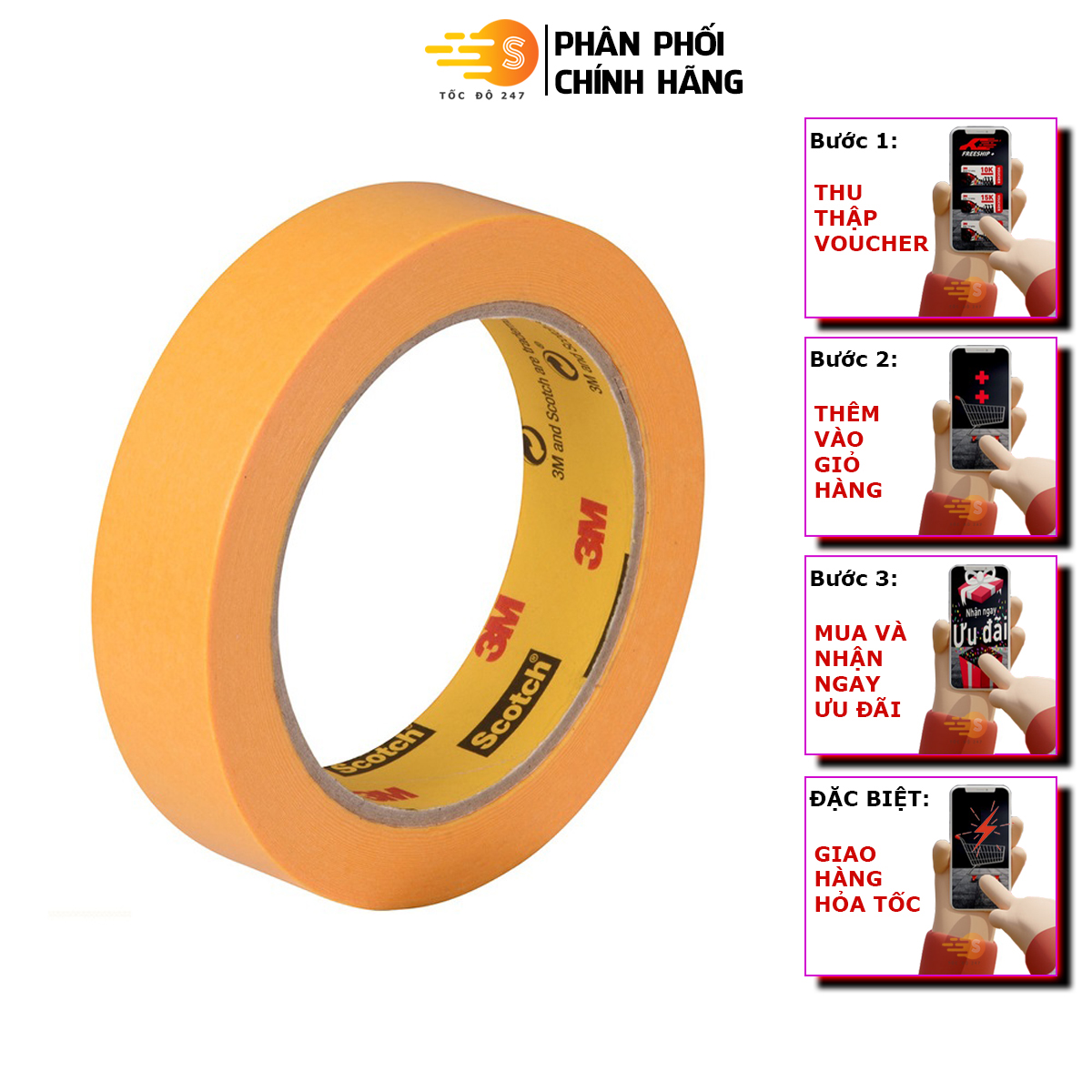 Băng keo giấy washi 1 mặt chịu nhiệt và chống thấm nước cao cấp khổ 2cm x 18m 3M 243J-20