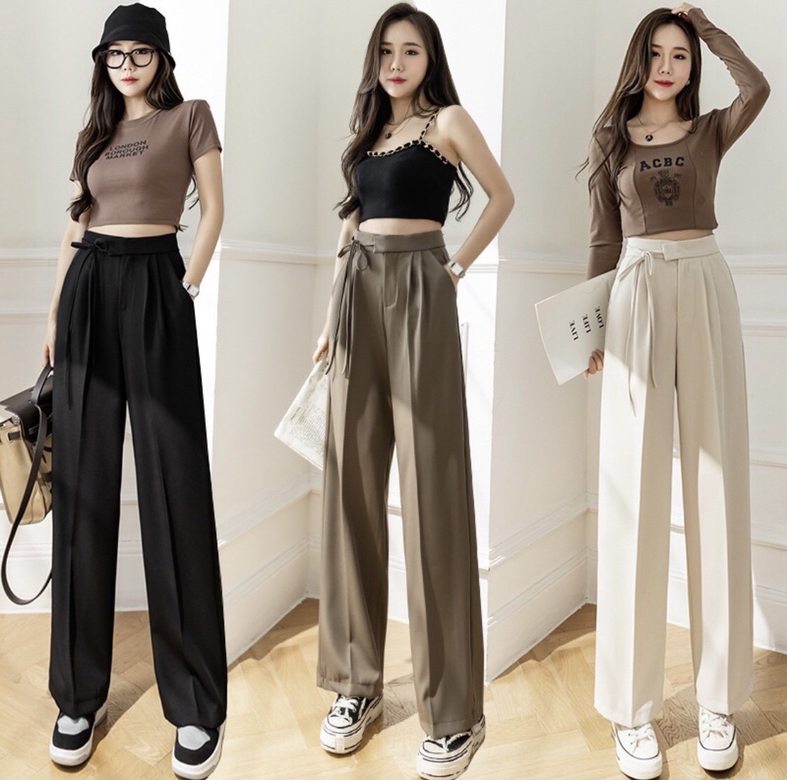 Quần suông ống rộng thắt nơ sườn