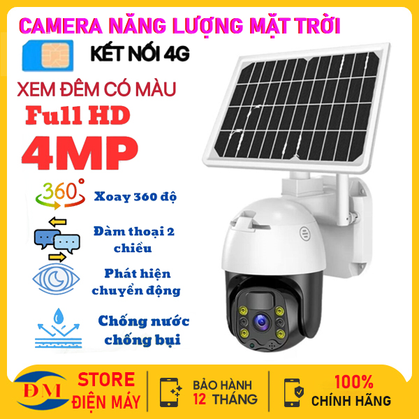 CAMERA PIN NĂNG LƯỢNG MẶT TRỜI SIM 4G Không Dây Độ Phân Giải 4.0MpxCamera Giám Sát 360 Tính Năng Thông Minh Góc Rộng Có Hồng Ngoại Đàm Thoại 2 Chiều Cảm Biến Chuyển Động Chống NướcSiêu Bền. BH 12 Tháng