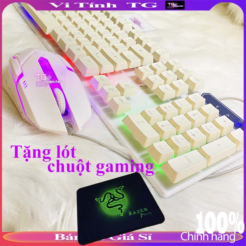 Bộ bàn phím và chuột giả cơ bosston 8310 đèn led màu trắng giá rẻ tặng kèm lót gaming - vi tính tg cb8310