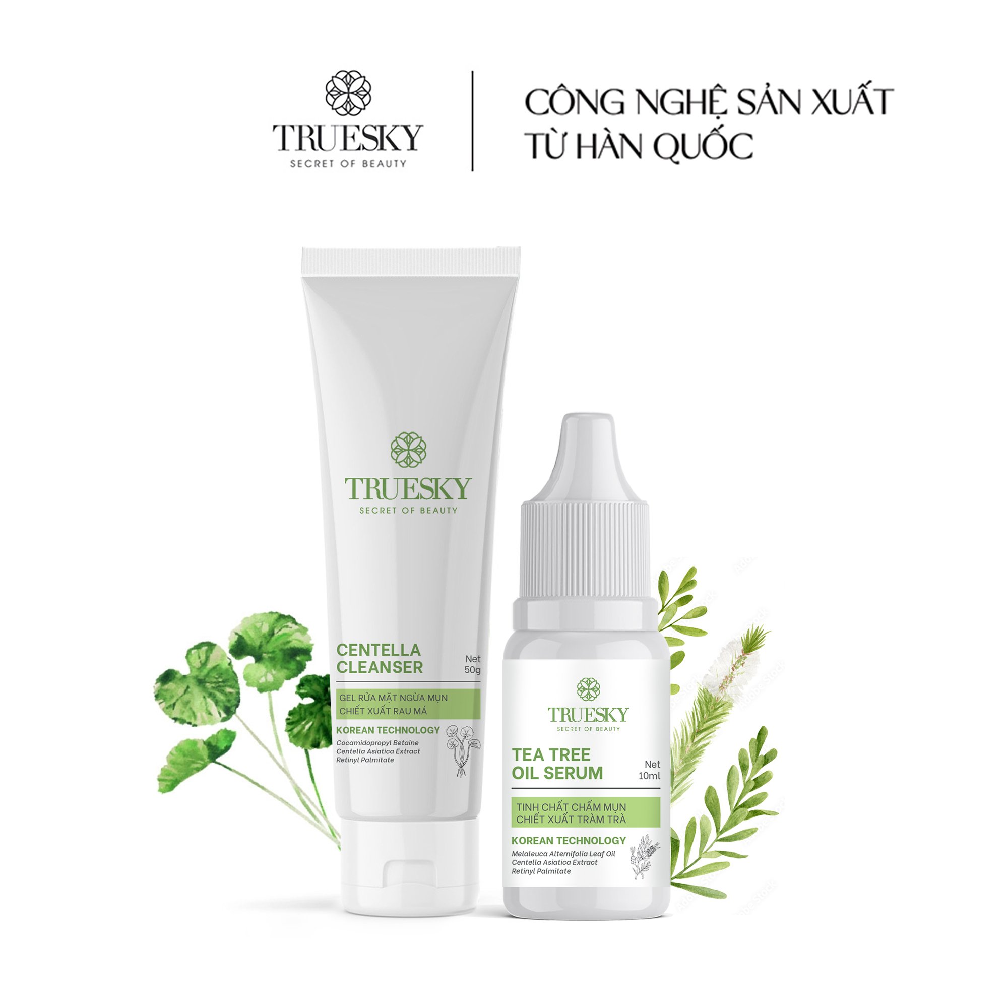 Bộ sản phẩm giảm mụn Truesky gồm 1 tinh chất chấm mụn tràm trà 10ml + 1 gel rửa mặt ngừa mụn rau má 50g