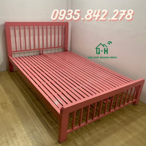 Giường sắt hộp vuông màu hồng không nệm cao cấp