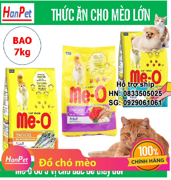 Hanpet - Me-O thức ăn viên cho mèo lớn - dạng bao 7kg (2 loại) ( cá ngừ / hải sản / cá thu)