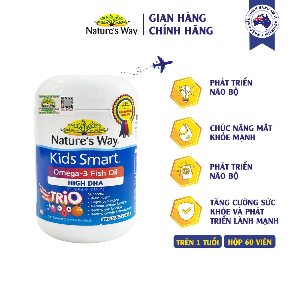 Viên Uống Dầu Cá Nature's Way -3 Fish Oil Trio Giúp Bổ Sung DHA Phát Triển Trí Tuệ Cho Bé 60 Viên