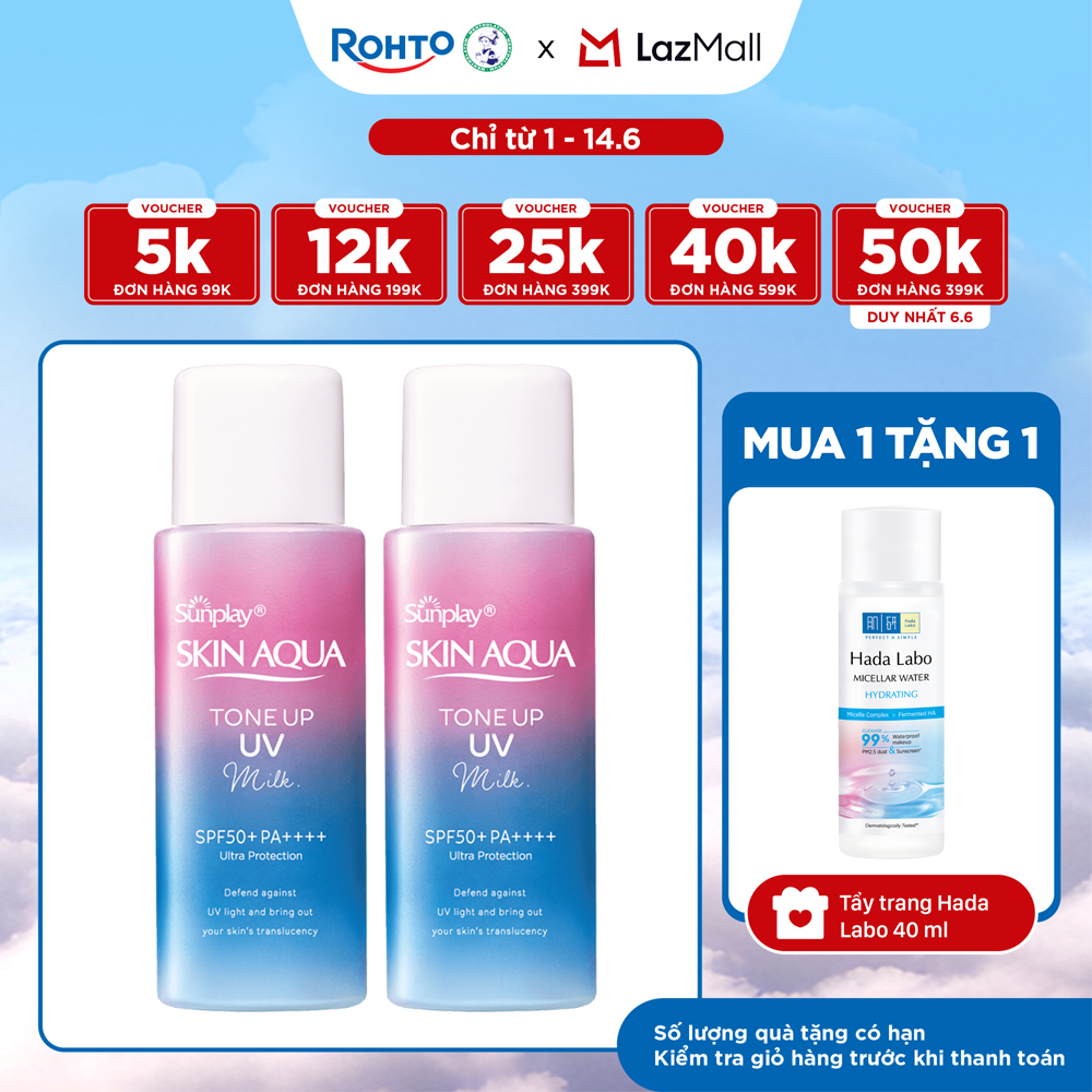 [VB] Bộ đôi kem chống nắng nâng tông dạng sữa dành cho da dầu hỗn hợp Sunplay Skin Aqua Tone Up UV Milk Lavender SPF50+ PA++++ (50g)