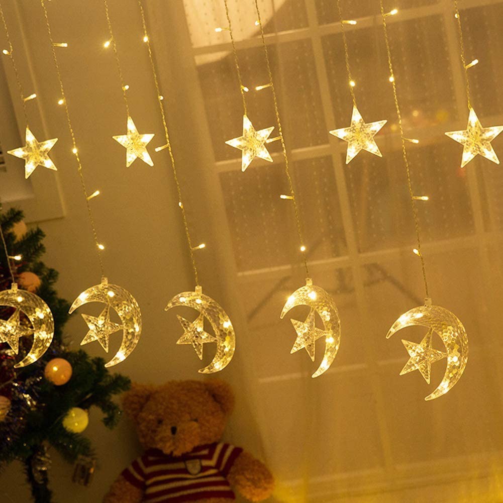 Dài 3 Mét 12 Đèn Led Mặt Trăng Ngôi Sao Trang Trí Ngoài Trời Noel Lễ Tết Rèm Đèn Led Chống Nước Xài Điện 220V