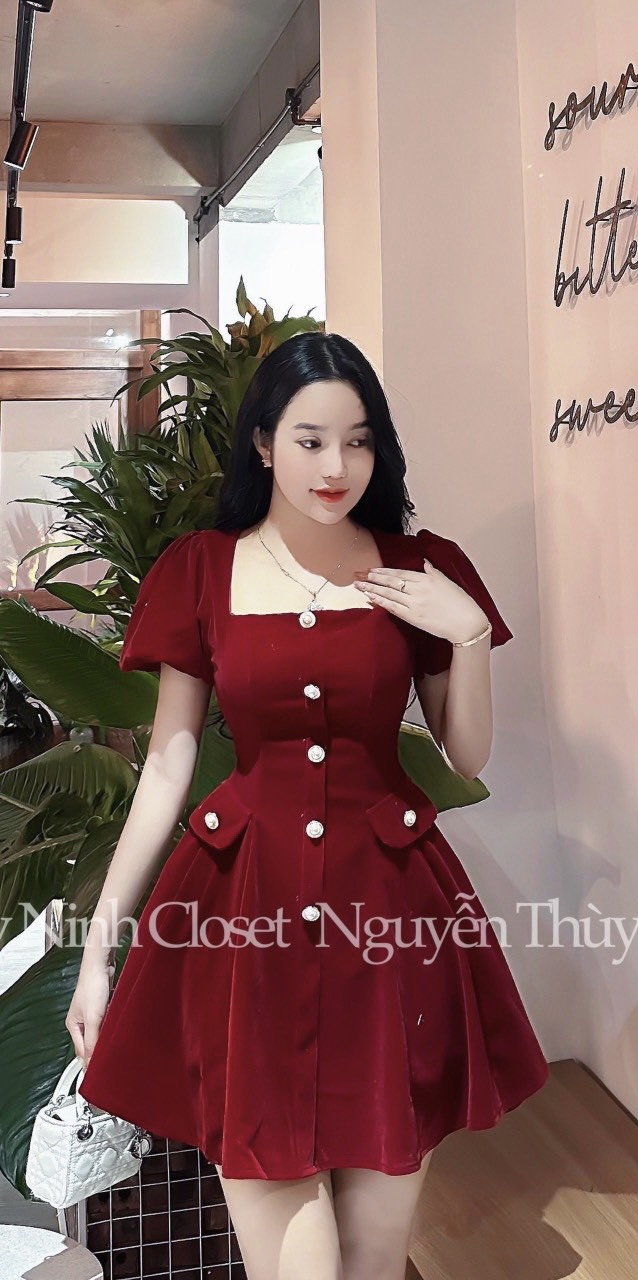 Đầm váy nữ thiết kế chất nhung đi chơi, dự tiệc, Đầm váy nữ nhung thiết kế tay bồng xinh xắn, Đầm nhung nữ dáng xoè công chúa mtb