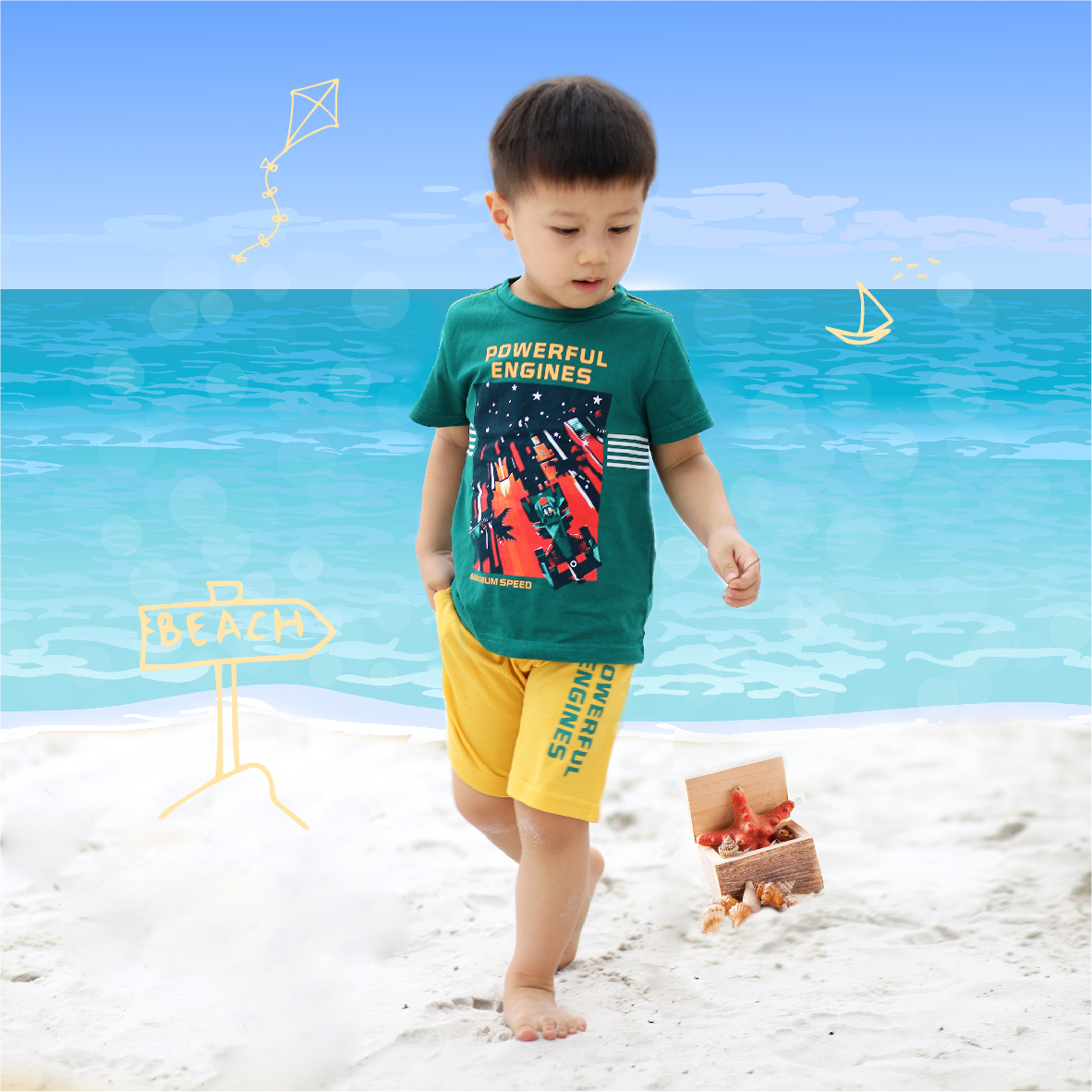 Quần áo bé trai size đại, bộ bé trai chất cotton phong cách Âu Mỹ hình in POWERFUL ENGINES 10 – 38kg QATE