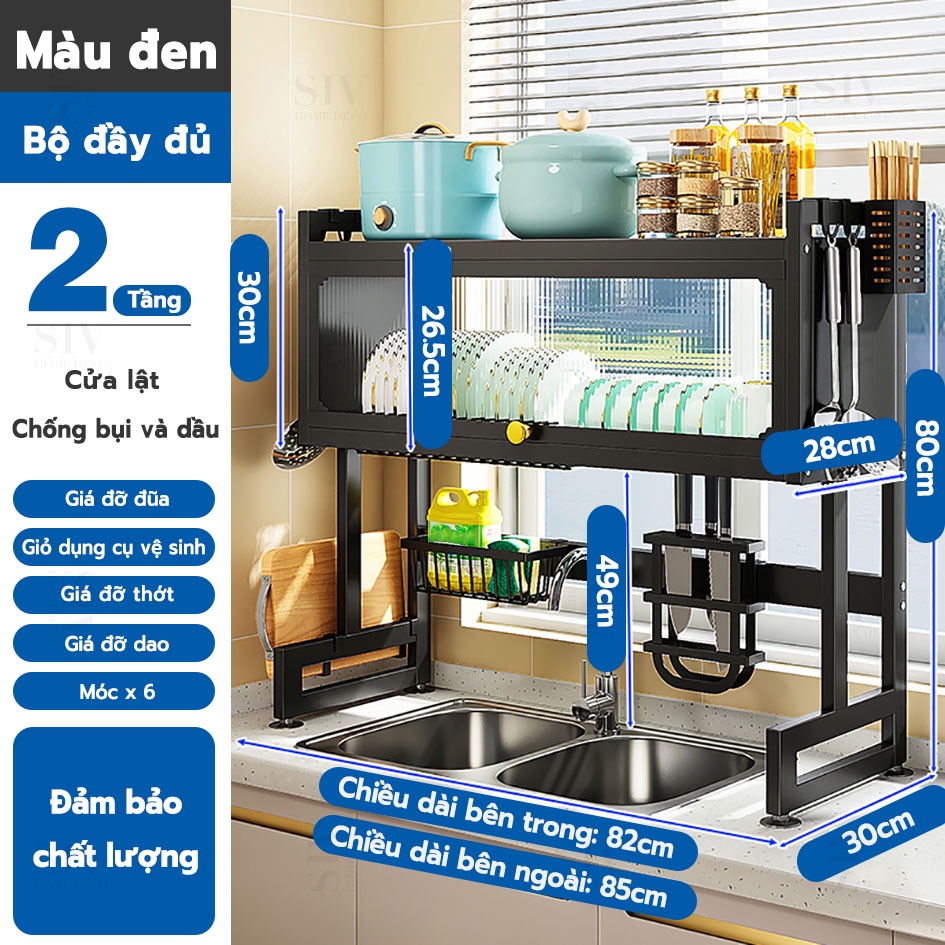 Kệ Chén Bát INOX Đa Năng hàng NHẬP KHẨU 1, 2 tâng có hộp siêu tiện lợi dài 85cm -95cm-KCDN01