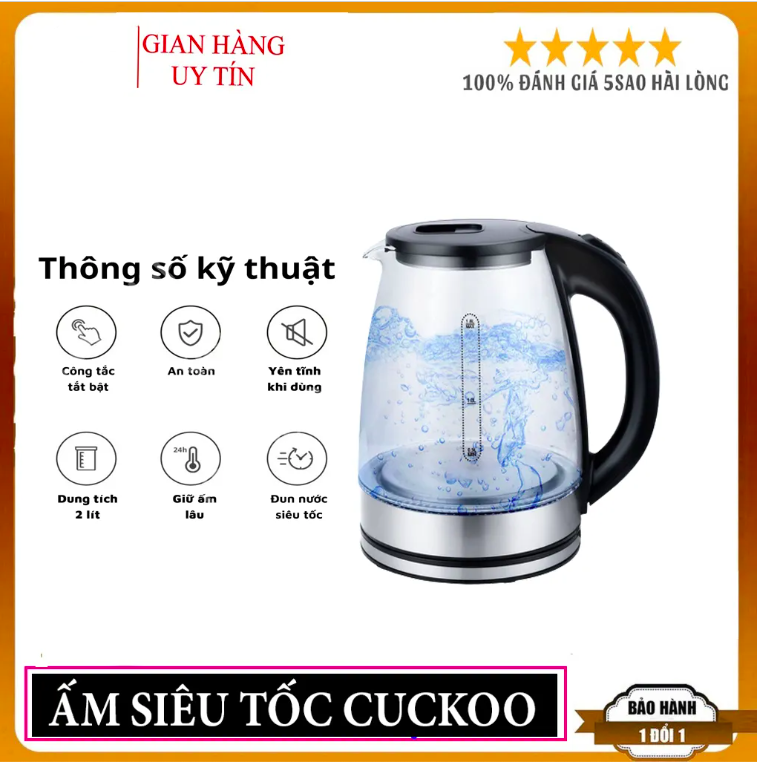 Ấm đun siêu tốc, Bình Đun Nước Siêu Tốc Thủy Tinh Cuckoo Dung Tích 2L, Công suất 1500W, Ấm Siêu Tốc Trong Suốt thuỷ tinh chống sốc nhiệt, có Đèn Led, Tự Ngắt Khi Sôi, Bình Siêu Tốc, Ấm Đun Nước, Ấm Siêu Tốc Mini